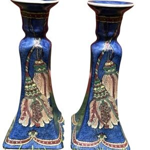 Vintage Pair Chintz Ceramic Chinese Candlestick Holders Chinoiserie Style Blue
